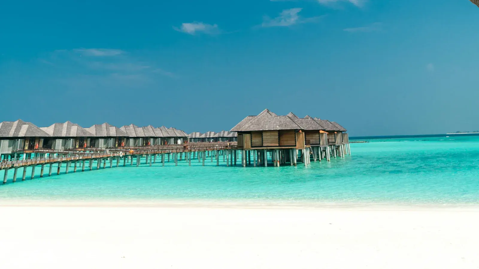 A row of thatched bungalows on stilts beside a white sand beach