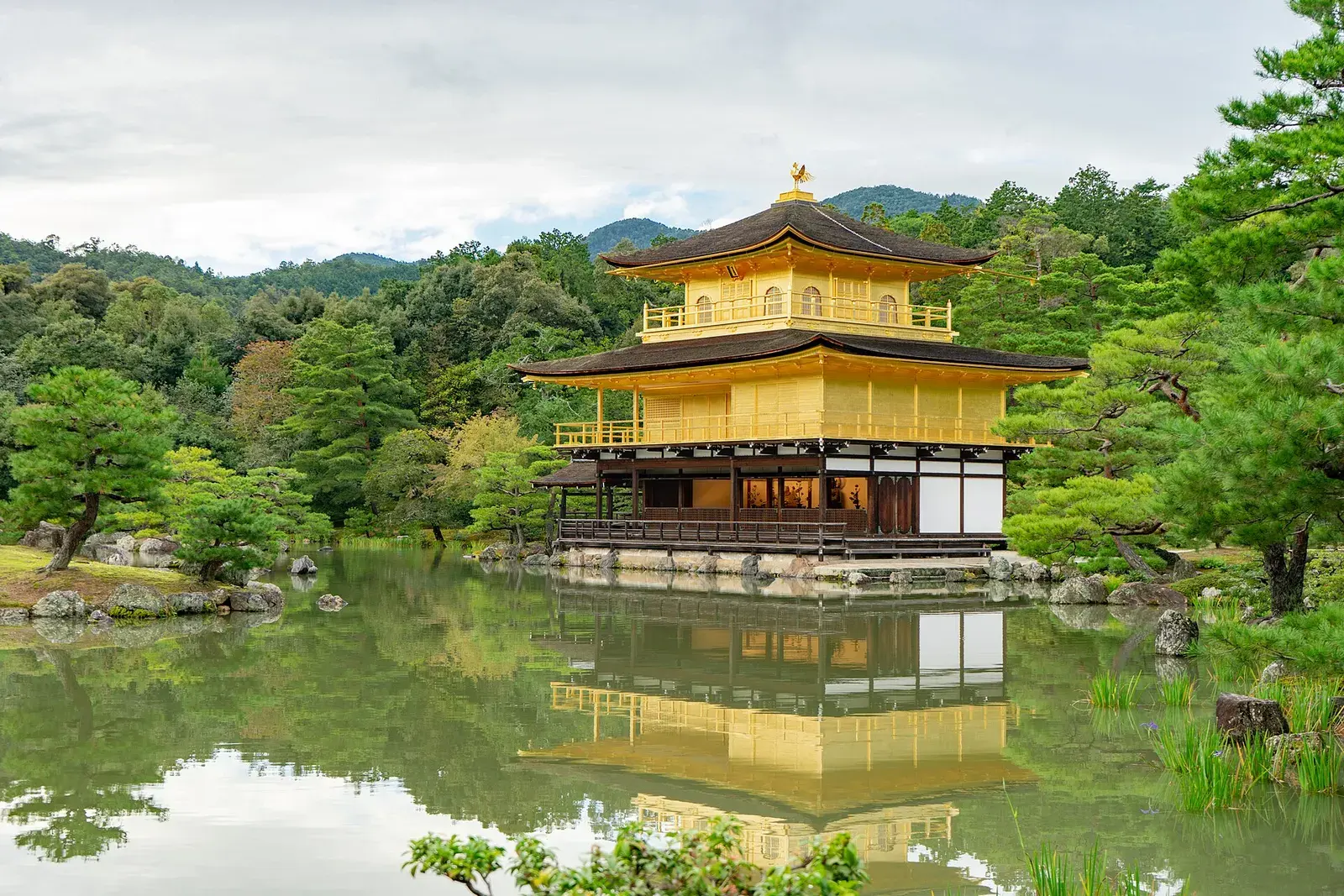 A gold-leafed pavilion mirrored in its pond, pines crowding the far bank